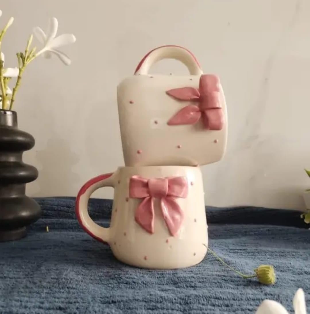 THE INDIAN HOME Cute Pink Bow Ceramic Mug for Coffee Tea Milk | 3D Bow Design Gift Mug for Girls Women Kids | Premium Glazed Polka Dot Finish (1) - Image 6