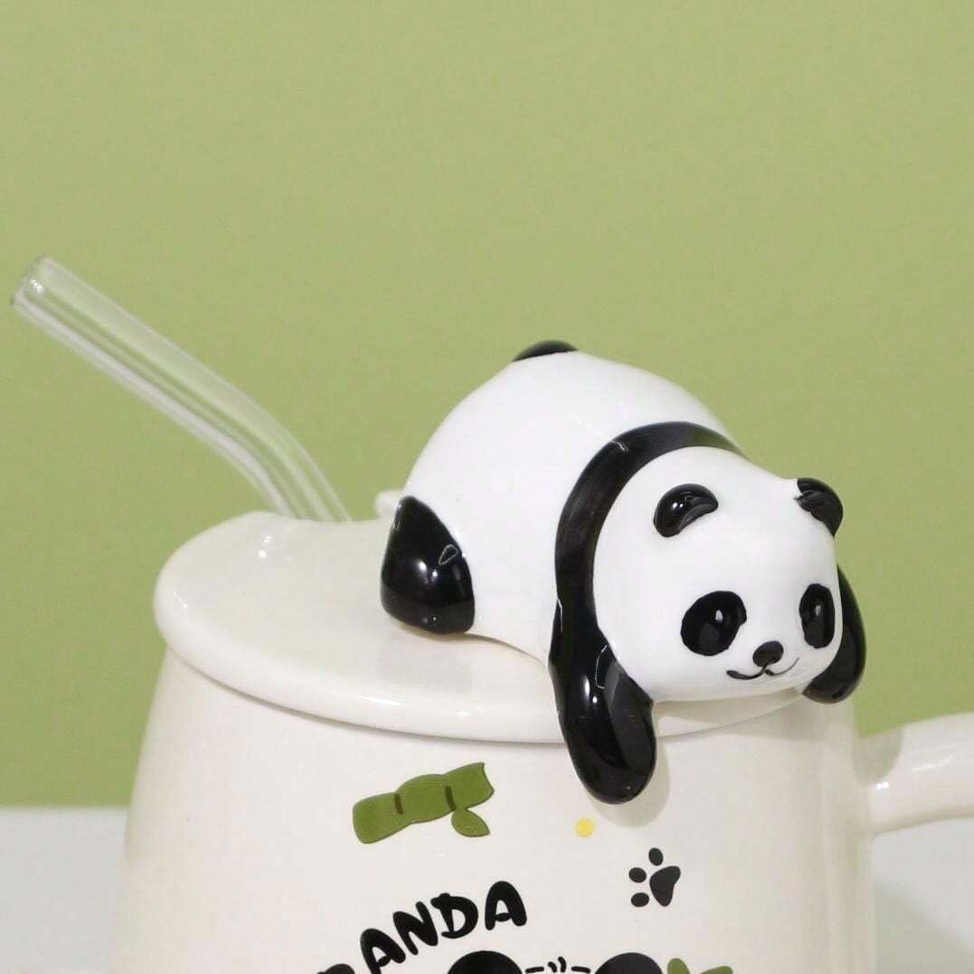 Vasukie 3D Panda Ceramic Coffee Mug with Lid & Glass Spoon, Gift for Brother, Birthday, Rakhi, Panda Mug White, 420ml - Image 3