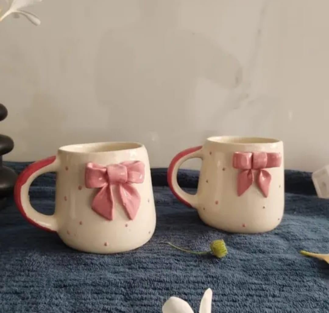 THE INDIAN HOME Cute Pink Bow Ceramic Mug for Coffee Tea Milk | 3D Bow Design Gift Mug for Girls Women Kids | Premium Glazed Polka Dot Finish (1) - Image 5