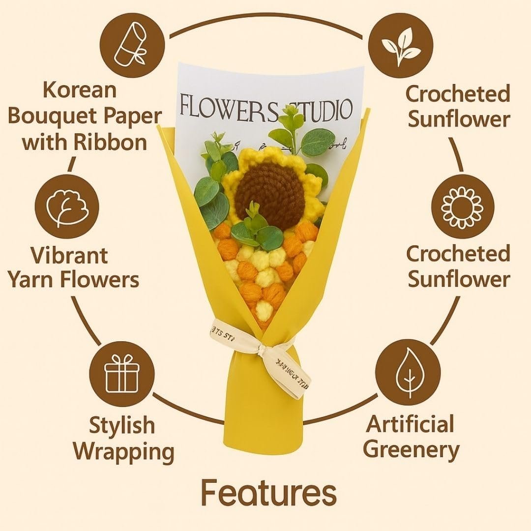 SATYAM KRAFT 1 Pcs Artificial Flower Ready to Use Bouquet for Him Her | Romantic Décor for Anniversary, Wedding, Birthday | Home, Table Office Decoration (Sunflower Daisy Crochet Bouquet) - Image 4