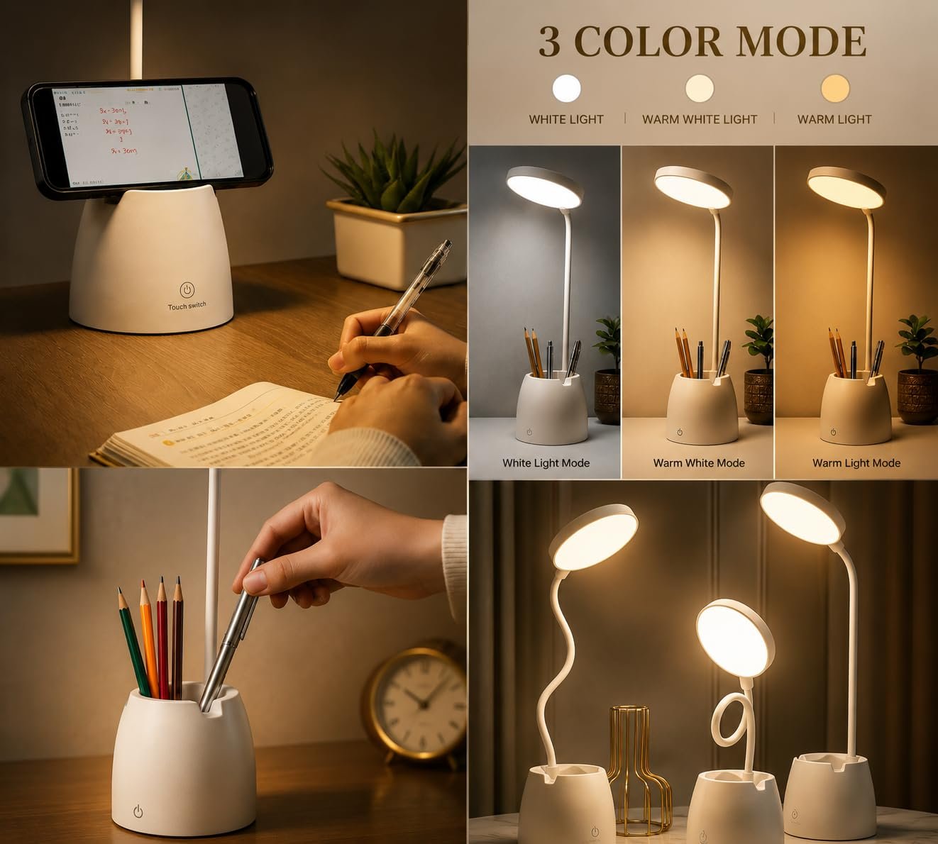BKK Rechargeable LED Study Table Lamp with Touch Sensor, 3 Color Modes & Stepless Dimming, Portable USB Desk Light for Study, Reading & Bedside (Goosneck 45x11x10cm) - Image 5