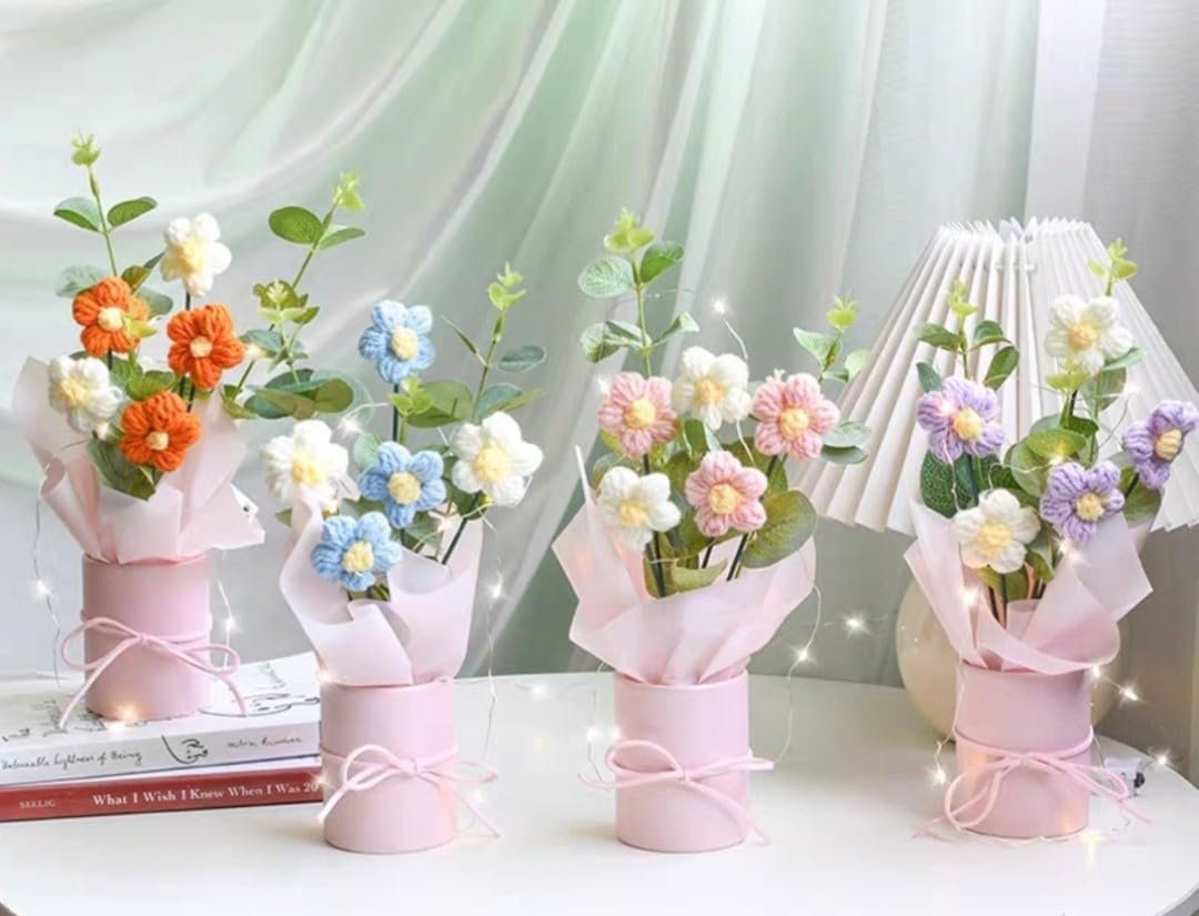 VRB Dec 1pcs Artificial Crochet Flower Bouquet/Artificial Flowers Bunch/Crochet Flowers Bouquet/Crochet Flowers/Flowers Bouquet Gift for Girls Home Decor,Gifting,etc. (Pink Daisy Bouquet) - Image 6