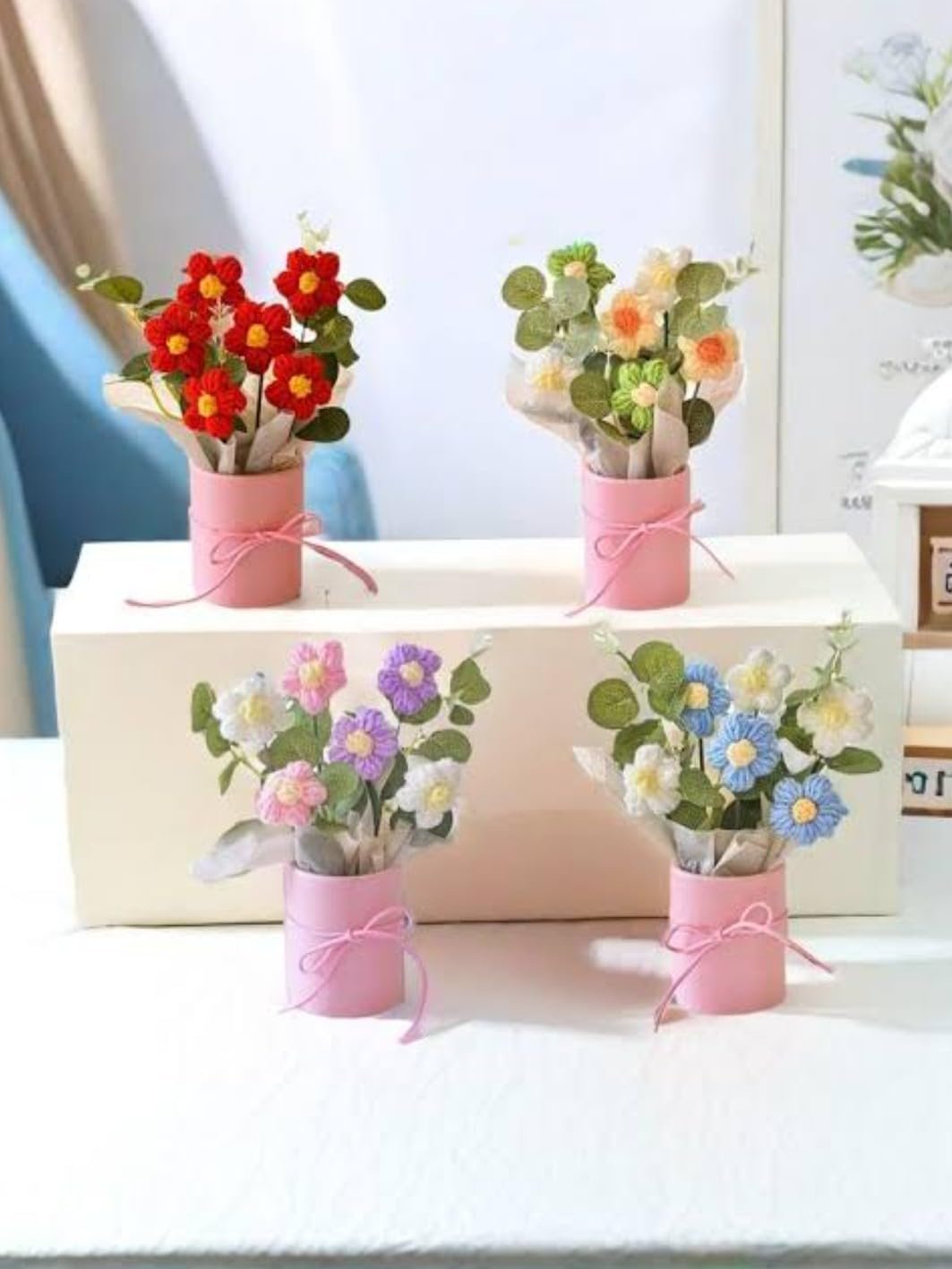 VRB Dec 1pcs Artificial Crochet Flower Bouquet/Artificial Flowers Bunch/Crochet Flowers Bouquet/Crochet Flowers/Flowers Bouquet Gift for Girls Home Decor,Gifting,etc. (Pink Daisy Bouquet) - Image 3