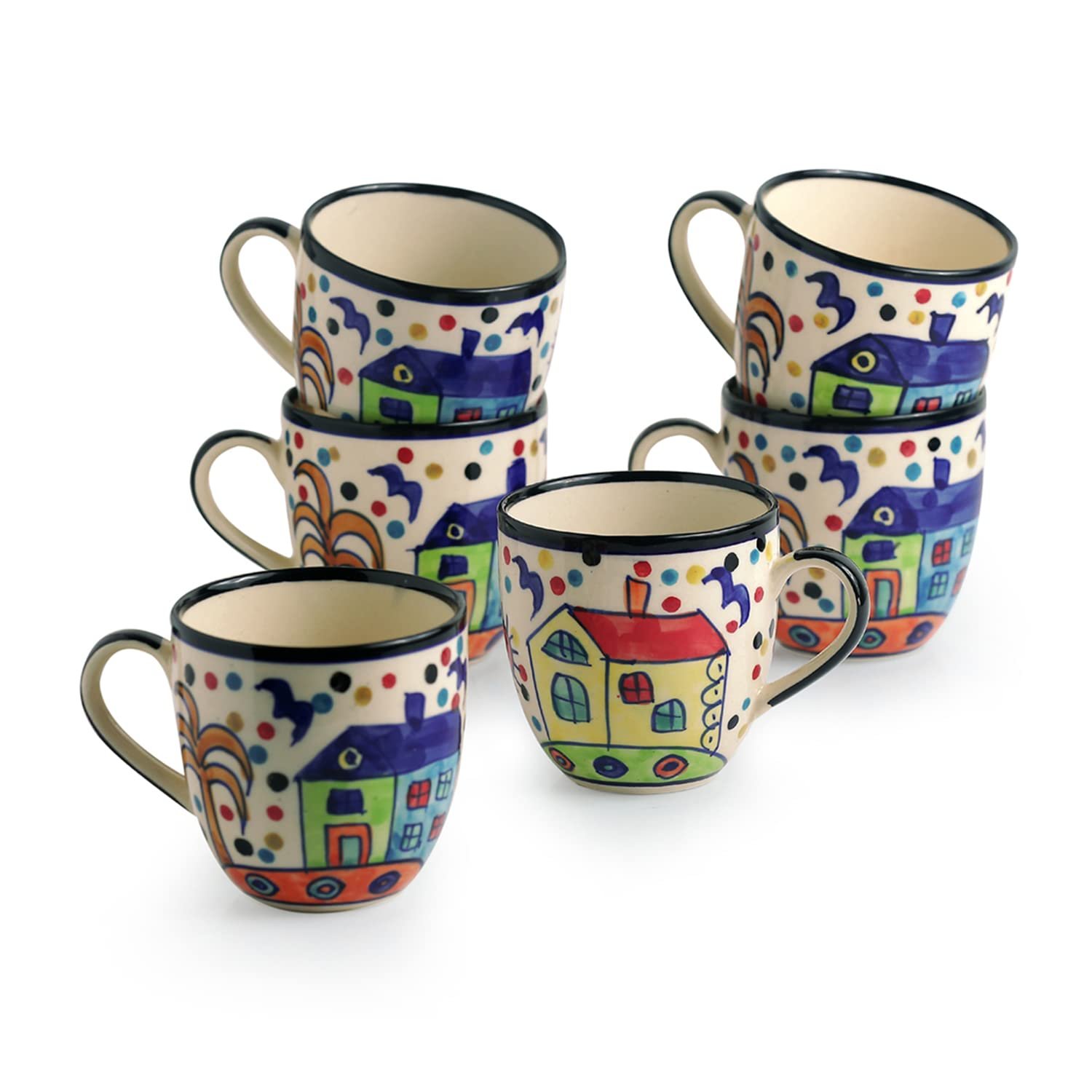 ExclusiveLane 'The Hut Morning Companions' Ceramic Tea Cups Set of 6 for Tea Cups Ceramic (180 ml, Dishwasher & Microwave Safe, Multicolor) |Coffee Cup Set Ceramic Cups Set of 6 Tea Cup Ceramic - Image 2