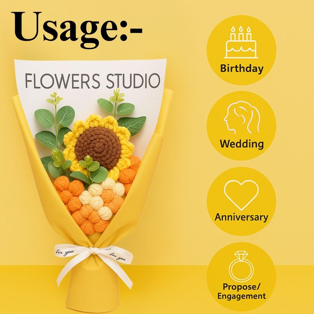 SATYAM KRAFT 1 Pcs Artificial Flower Ready to Use Bouquet for Him Her | Romantic Décor for Anniversary, Wedding, Birthday | Home, Table Office Decoration (Sunflower Daisy Crochet Bouquet) - Image 9