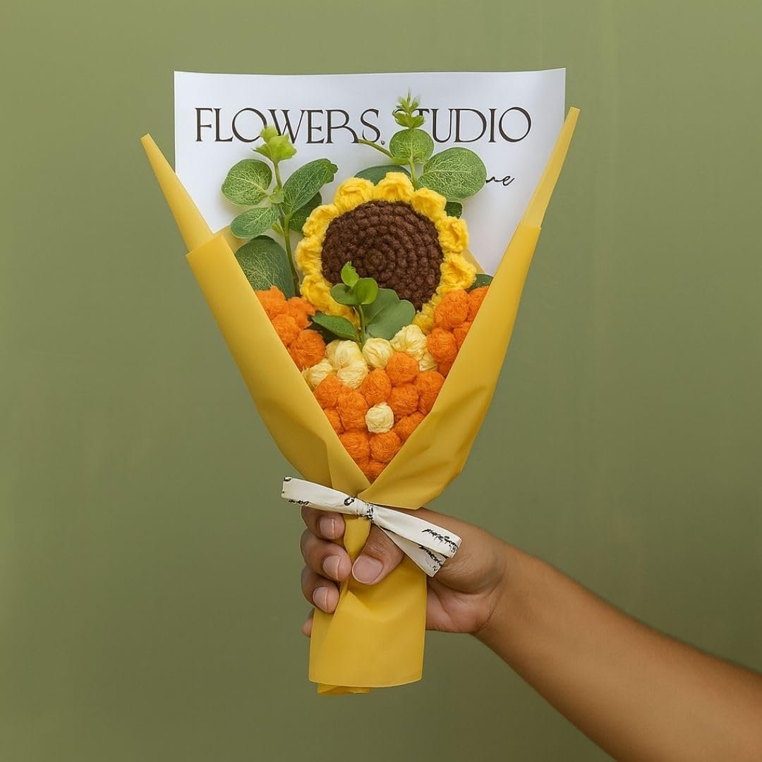 SATYAM KRAFT 1 Pcs Artificial Flower Ready to Use Bouquet for Him Her | Romantic Décor for Anniversary, Wedding, Birthday | Home, Table Office Decoration (Sunflower Daisy Crochet Bouquet) - Image 7