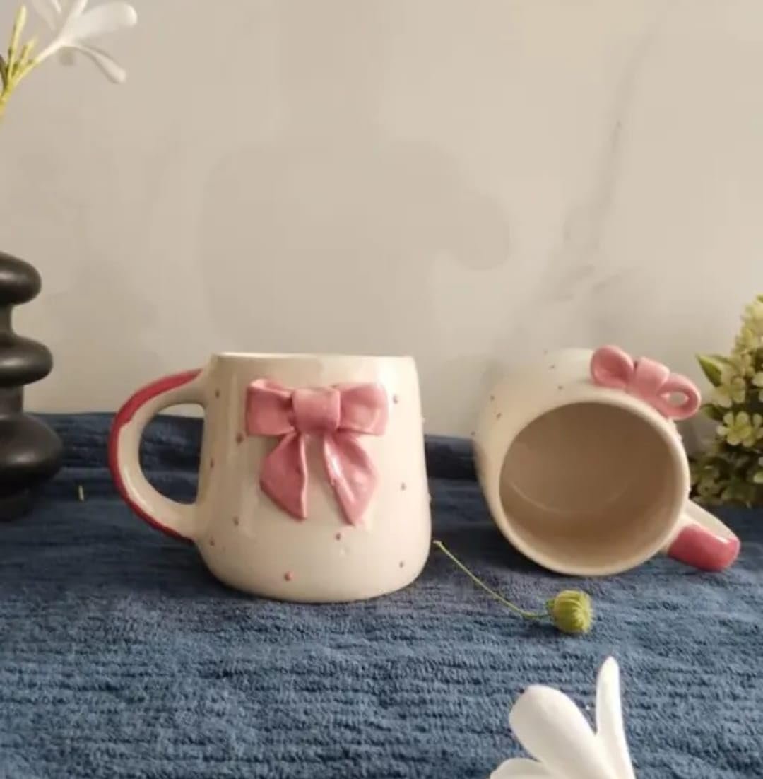 THE INDIAN HOME Cute Pink Bow Ceramic Mug for Coffee Tea Milk | 3D Bow Design Gift Mug for Girls Women Kids | Premium Glazed Polka Dot Finish (1) - Image 7