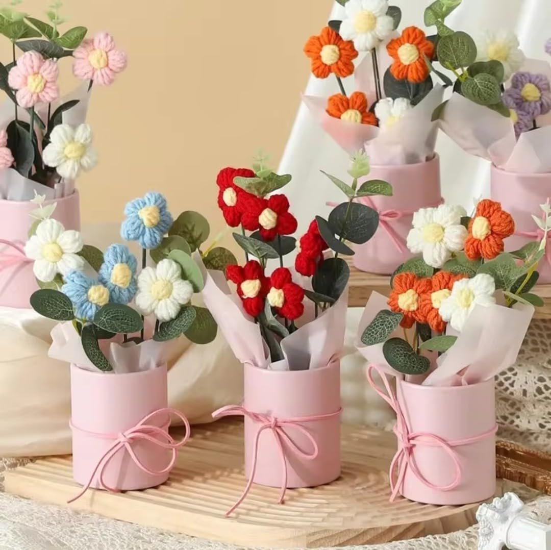 VRB Dec 1pcs Artificial Crochet Flower Bouquet/Artificial Flowers Bunch/Crochet Flowers Bouquet/Crochet Flowers/Flowers Bouquet Gift for Girls Home Decor,Gifting,etc. (Pink Daisy Bouquet) - Image 4