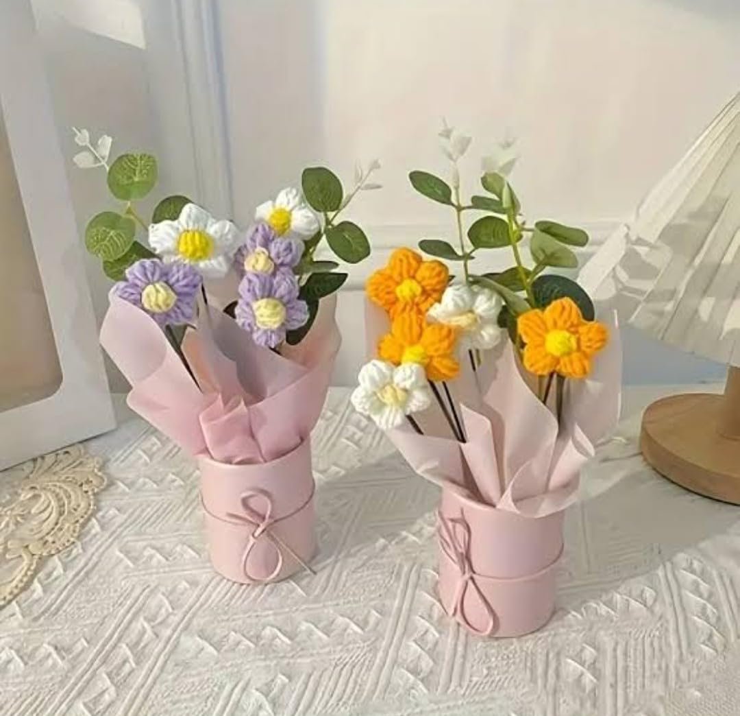 VRB Dec 1pcs Artificial Crochet Flower Bouquet/Artificial Flowers Bunch/Crochet Flowers Bouquet/Crochet Flowers/Flowers Bouquet Gift for Girls Home Decor,Gifting,etc. (Purple Daisy Bouquet) - Image 6