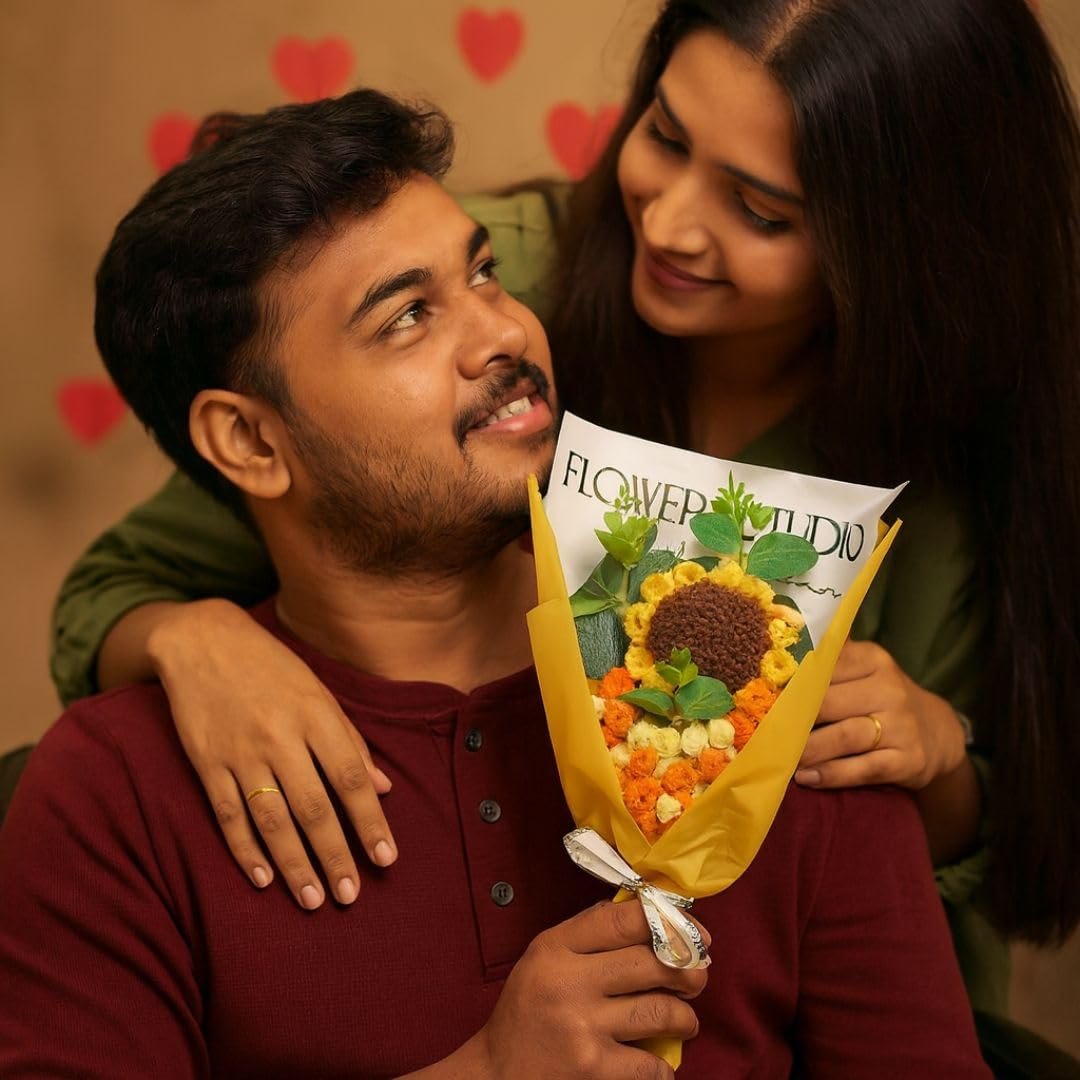 SATYAM KRAFT 1 Pcs Artificial Flower Ready to Use Bouquet for Him Her | Romantic Décor for Anniversary, Wedding, Birthday | Home, Table Office Decoration (Sunflower Daisy Crochet Bouquet) - Image 8
