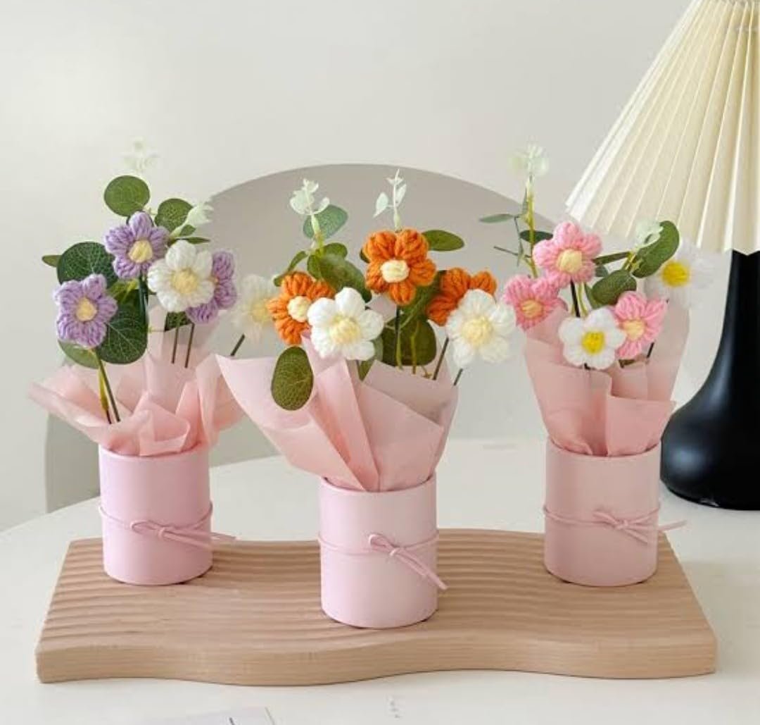 VRB Dec 1pcs Artificial Crochet Flower Bouquet/Artificial Flowers Bunch/Crochet Flowers Bouquet/Crochet Flowers/Flowers Bouquet Gift for Girls Home Decor,Gifting,etc. (Pink Daisy Bouquet) - Image 7