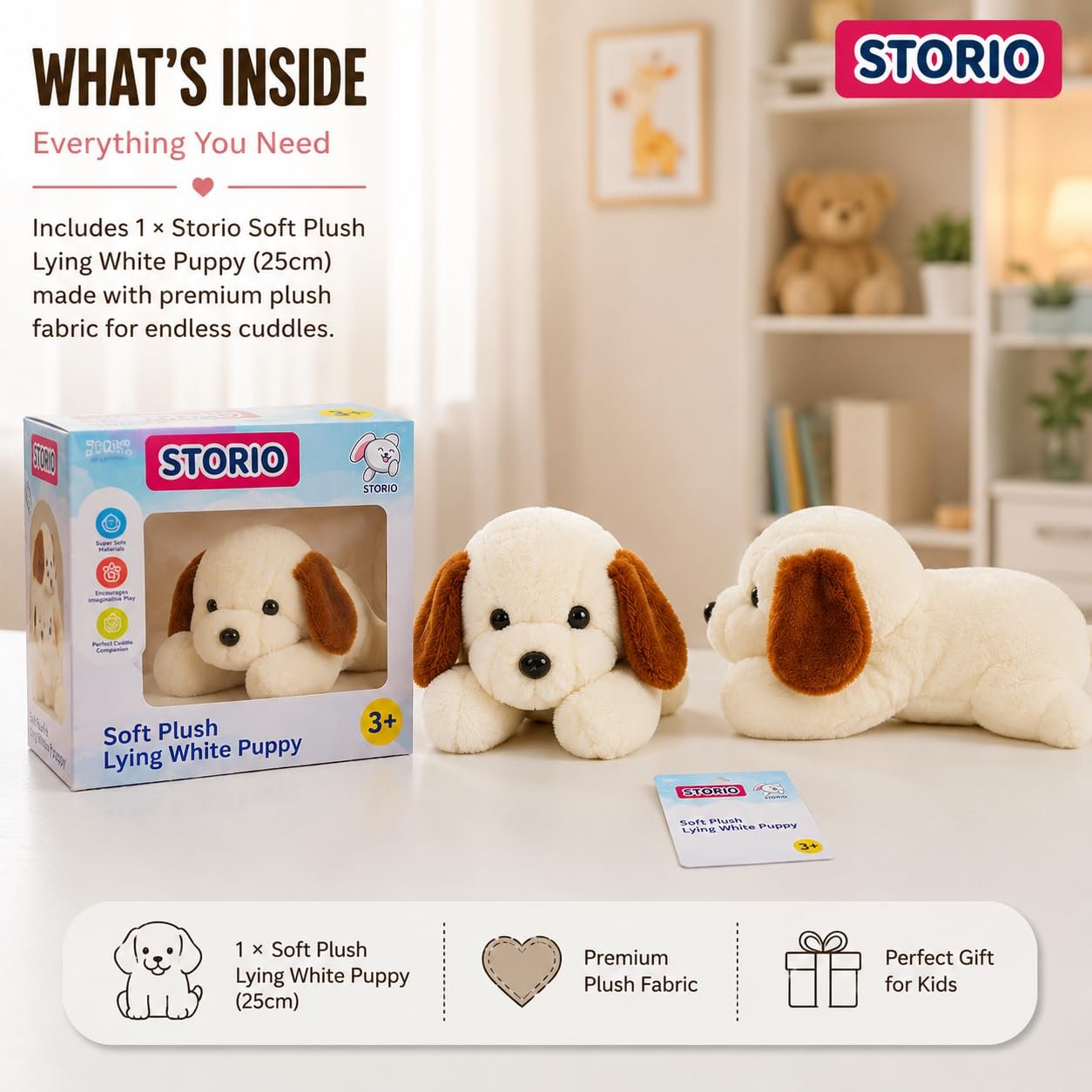 Storio Soft Plush Lying White Puppy Stuffed Animal | Kids Animal Home Decor for Boys & Girls Soft Dog Plush Toy - 25cm - Image 4
