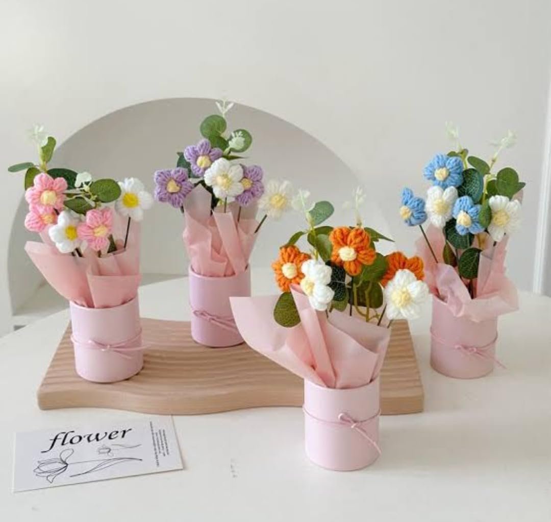 VRB Dec 1pcs Artificial Crochet Flower Bouquet/Artificial Flowers Bunch/Crochet Flowers Bouquet/Crochet Flowers/Flowers Bouquet Gift for Girls Home Decor,Gifting,etc. (Pink Daisy Bouquet) - Image 2