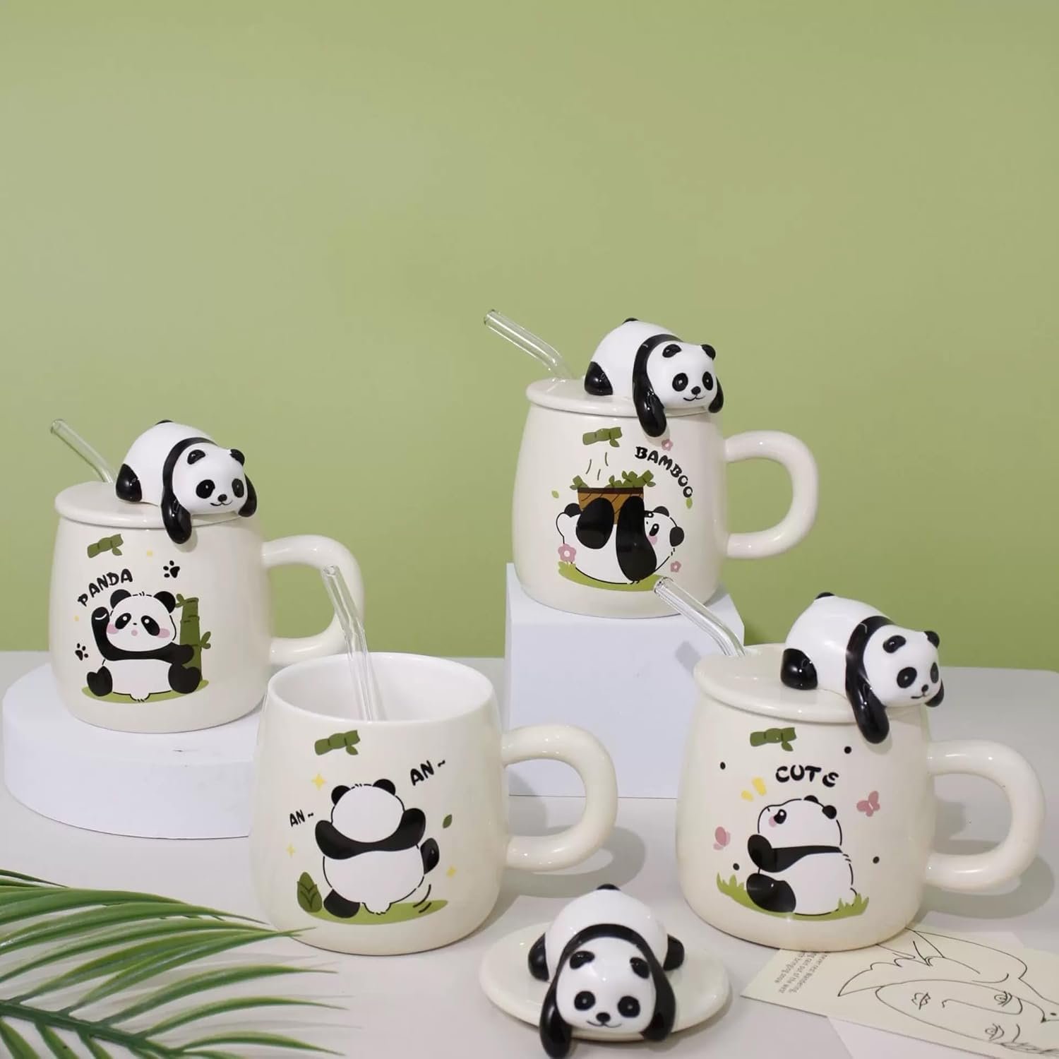 Vasukie 3D Panda Ceramic Coffee Mug with Lid & Glass Spoon, Gift for Brother, Birthday, Rakhi, Panda Mug White, 420ml - Image 5