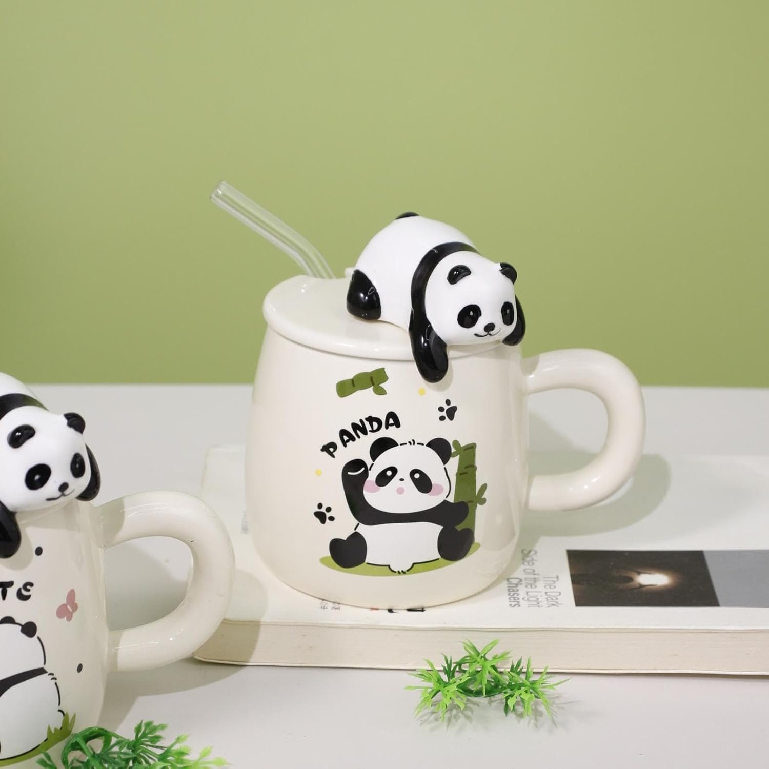 Vasukie 3D Panda Ceramic Coffee Mug with Lid & Glass Spoon, Gift for Brother, Birthday, Rakhi, Panda Mug White, 420ml - Image 4