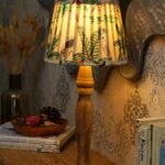Green Girgit Pleeted Multicolor Table Lamp with Green Shade, Wooden Base, Bedside Night Lamp with Printed Shade, Modern Living Room Light, LED Ambient Lighting, E27 Bulb Compatible, Corded Electric