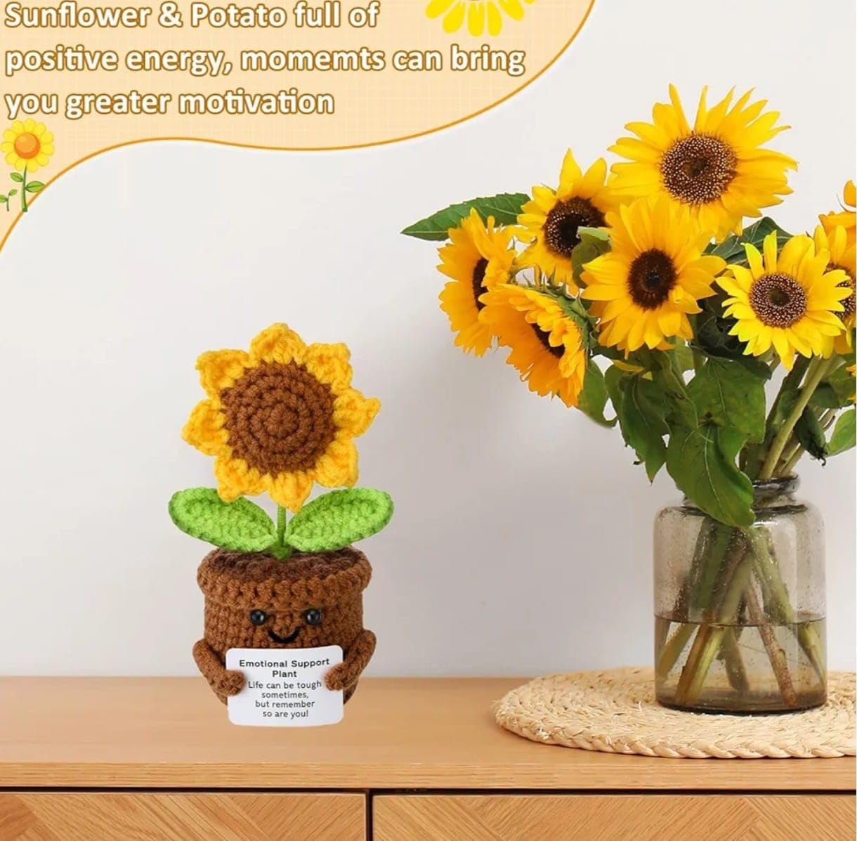 VRB DecTM 1 Pcs Crochet Flowers Artificial Sunflower for Office Desk Car Dashboard Decor,Home Decoration, Office, Bedroom (Emotional Support Sunflower Artificial Plants with Crochet Pot - 1 Pcs) - Image 6