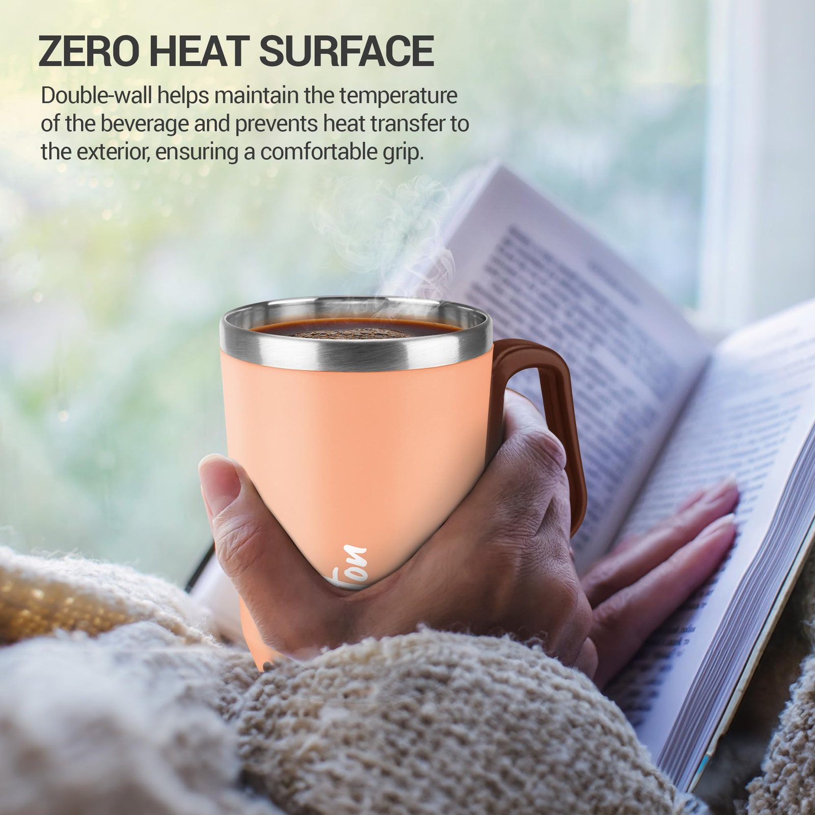 MILTON Cool Touch Coastal Coffee Mug 350 Double Walled 300 ml Inner Stainless Steel Tea Mug and Lid, Coffee Mug Travel Tea Cup, Black Coffee, Single, Peach - Image 3