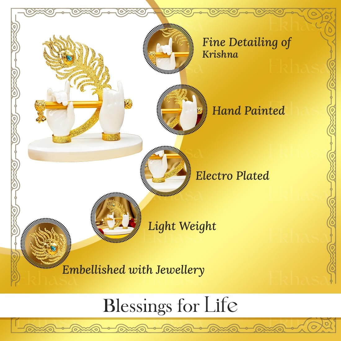 Ekhasa Lord Krishna Hands with Flute Idol (Small Size) | Krishnaji Divine Hands Idol with Flute and Peacock Feather | Krishna Statue for Car Dashboard & Griha Pravesh Gift - Image 2