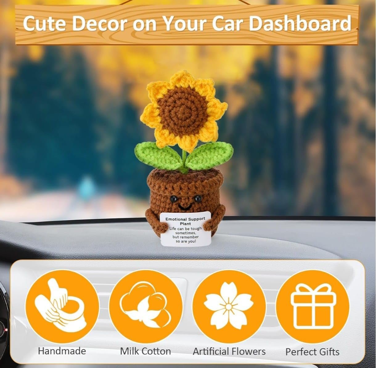 VRB DecTM 1 Pcs Crochet Flowers Artificial Sunflower for Office Desk Car Dashboard Decor,Home Decoration, Office, Bedroom (Emotional Support Sunflower Artificial Plants with Crochet Pot - 1 Pcs) - Image 7