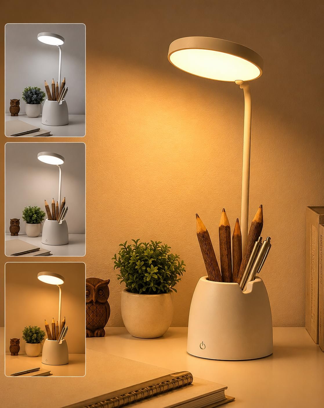 BKK Rechargeable LED Study Table Lamp with Touch Sensor, 3 Color Modes & Stepless Dimming, Portable USB Desk Light for Study, Reading & Bedside (Goosneck 45x11x10cm)