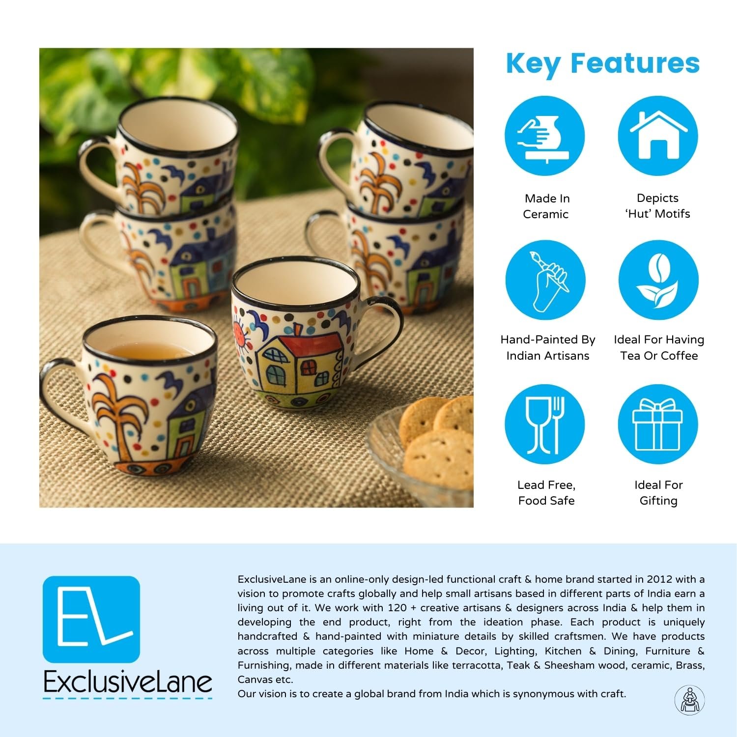 ExclusiveLane 'The Hut Morning Companions' Ceramic Tea Cups Set of 6 for Tea Cups Ceramic (180 ml, Dishwasher & Microwave Safe, Multicolor) |Coffee Cup Set Ceramic Cups Set of 6 Tea Cup Ceramic - Image 6