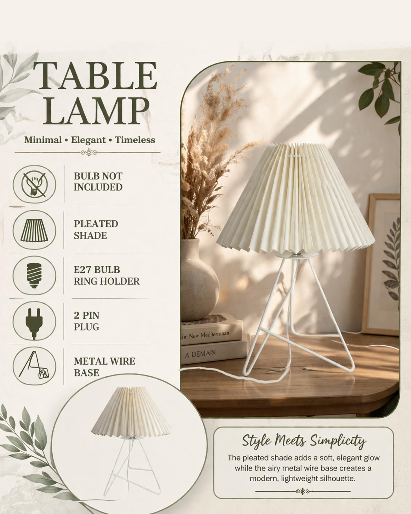 Homesakeยฎ Retro Down to the Wire Metal Table Lamp with Fabric Shade, Bedside Lamp Gift Housewarming Home Living Room, Pleated Shade (Off-White) - Image 5