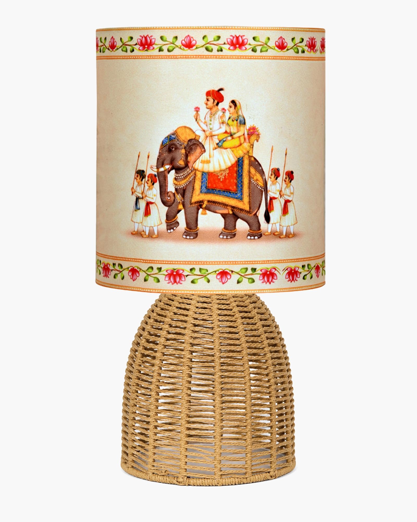 Homesake® Handwoven Rattan Table Lamp with Rajasthani Art Fabric Shade, Decorative Raffia Cane Bedside Lamp for Bedroom, Boho Table Lamp for Living Room, E27 Holder, Warm Ambient Home Decor Lighting - Image 2