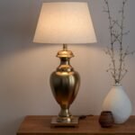 Divine Trends Royal Brass Antique Finish Gold Trophy LED Table Lamp Off White Beige 14 Inches Lampshade Bedside Stylish, Living Room, Bedroom, Home Decoration, Hotel