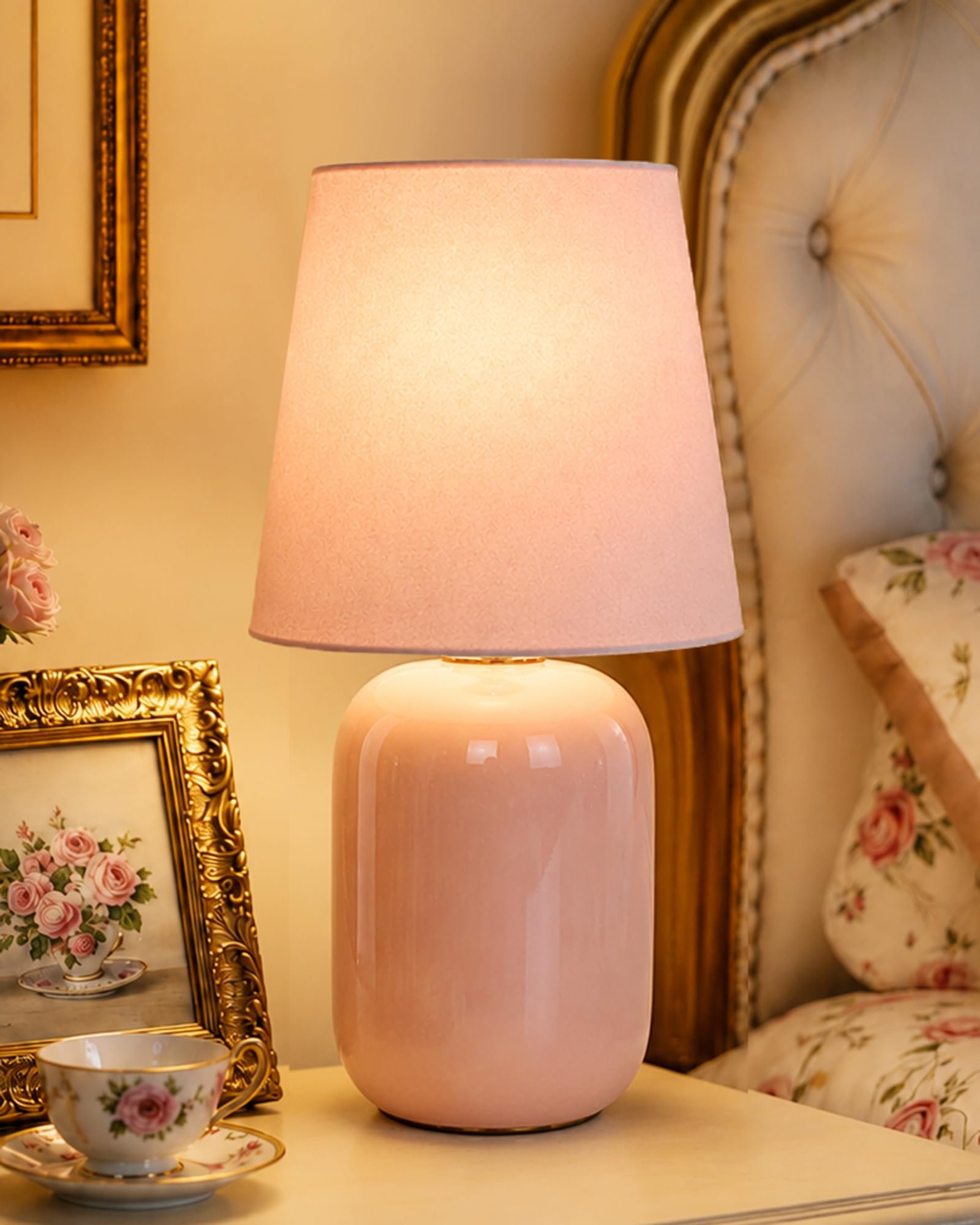 Homesake® Modern Small Ceramic Table Lamp, Classic Bedside Desk lamp for Living Room Bedroom, Farmhouse Nightstand Lamps with Pink Fabric Shade (Dovel Pink)