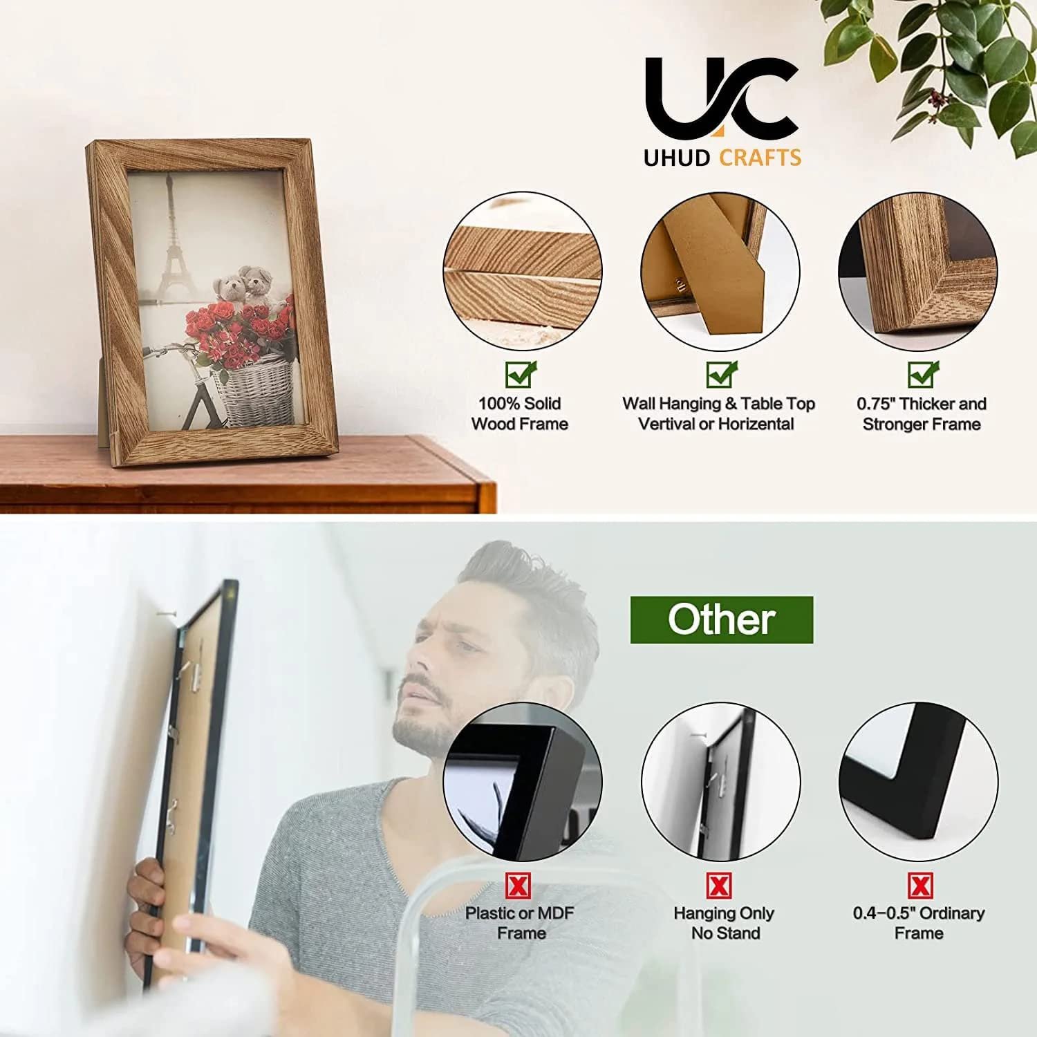 UHUD CRAFTS Wooden Table-Top&Wall Hanging Photo Frame|Solid Wood Picture Frame For Table Decor,Wall Decor,Office Decor&Home Decor(4X6 Inches),Rectangular - Image 3