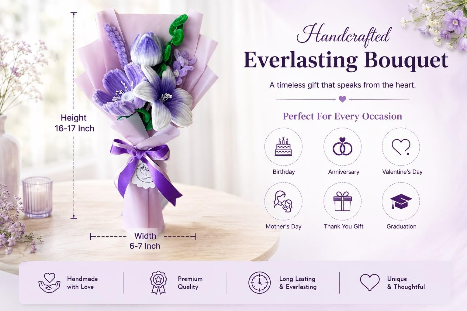 Handmade Lavender Pipe Cleaner Flower Bouquet | Decorative Floral Gift for Birthday, Anniversary, Valentine’s Day, Mother’s Day, Graduation & Special Occasions | Elegant Artificial Flower Bouquet - Image 2