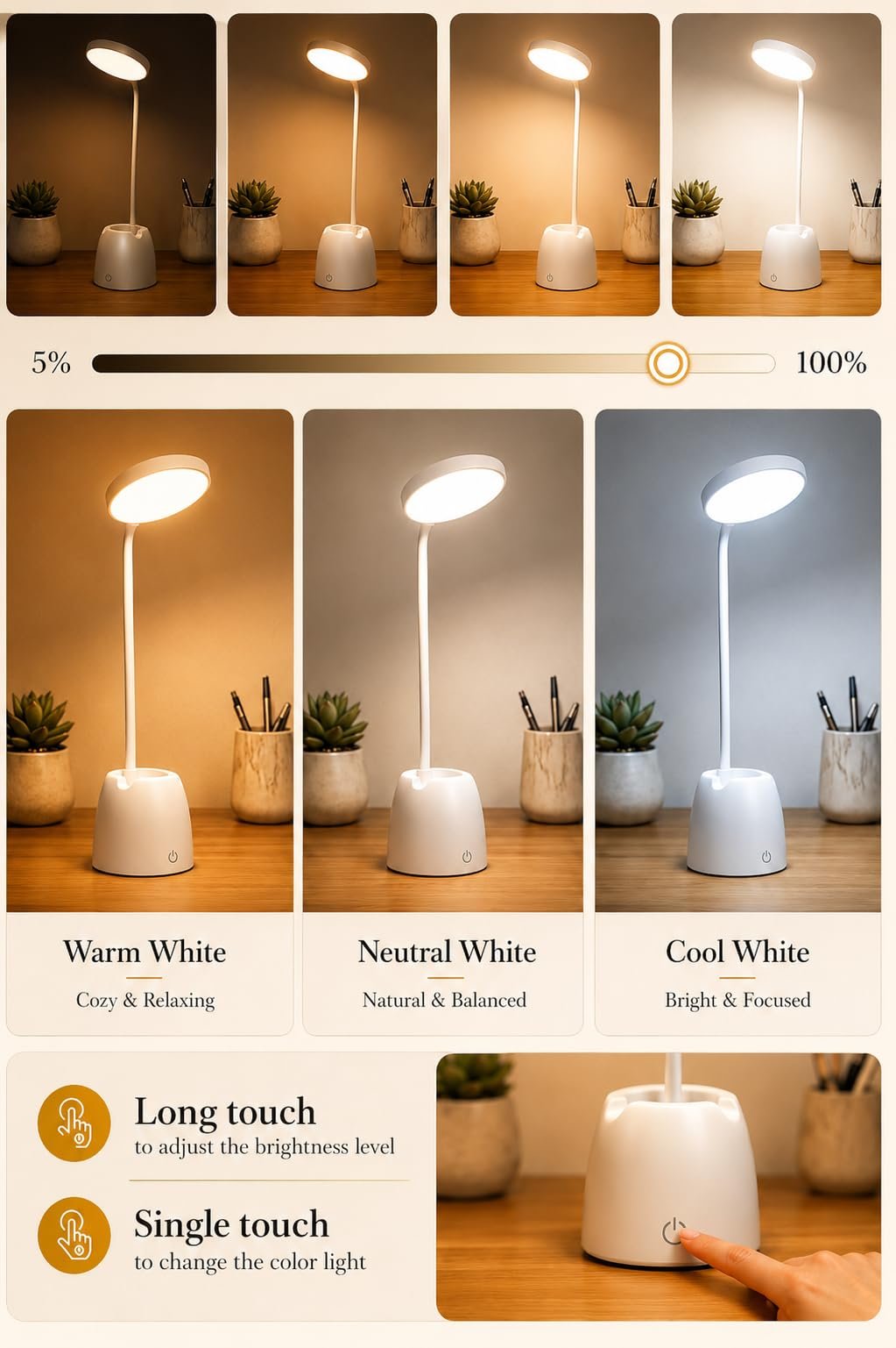 BKK Rechargeable LED Study Table Lamp with Touch Sensor, 3 Color Modes & Stepless Dimming, Portable USB Desk Light for Study, Reading & Bedside (Goosneck 45x11x10cm) - Image 2