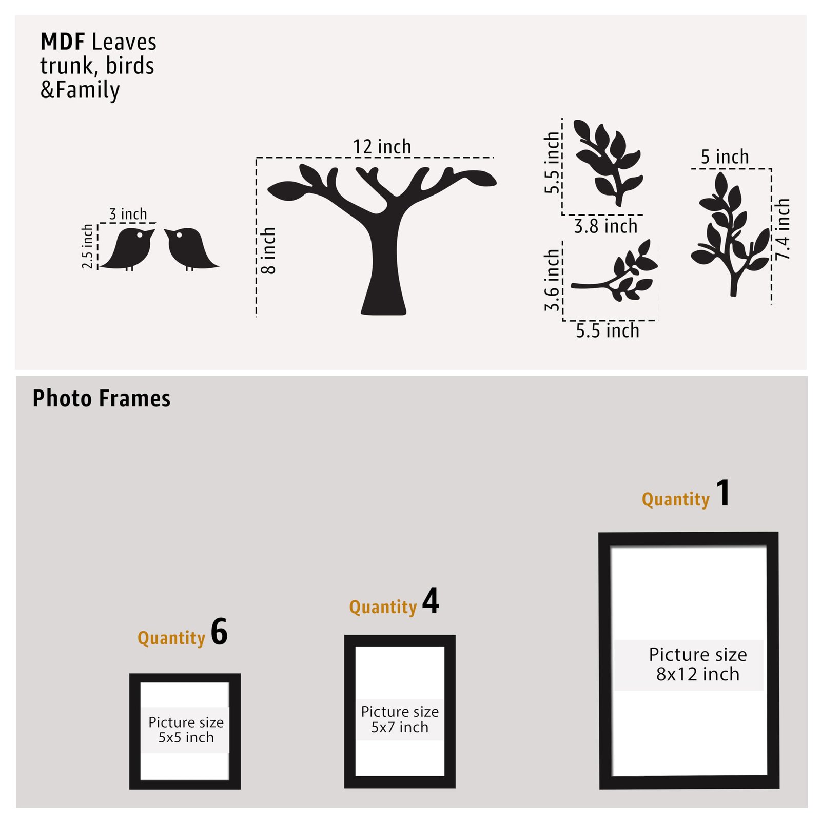 Art Street Family Tree Wall Photo Frame Set Pack of 11 with 9 MDF Cutouts for Home Decoration | Wall Photo Frame Collage for Living Room Bedroom | 5x5, 5x7, 8x12 Inch - Image 4
