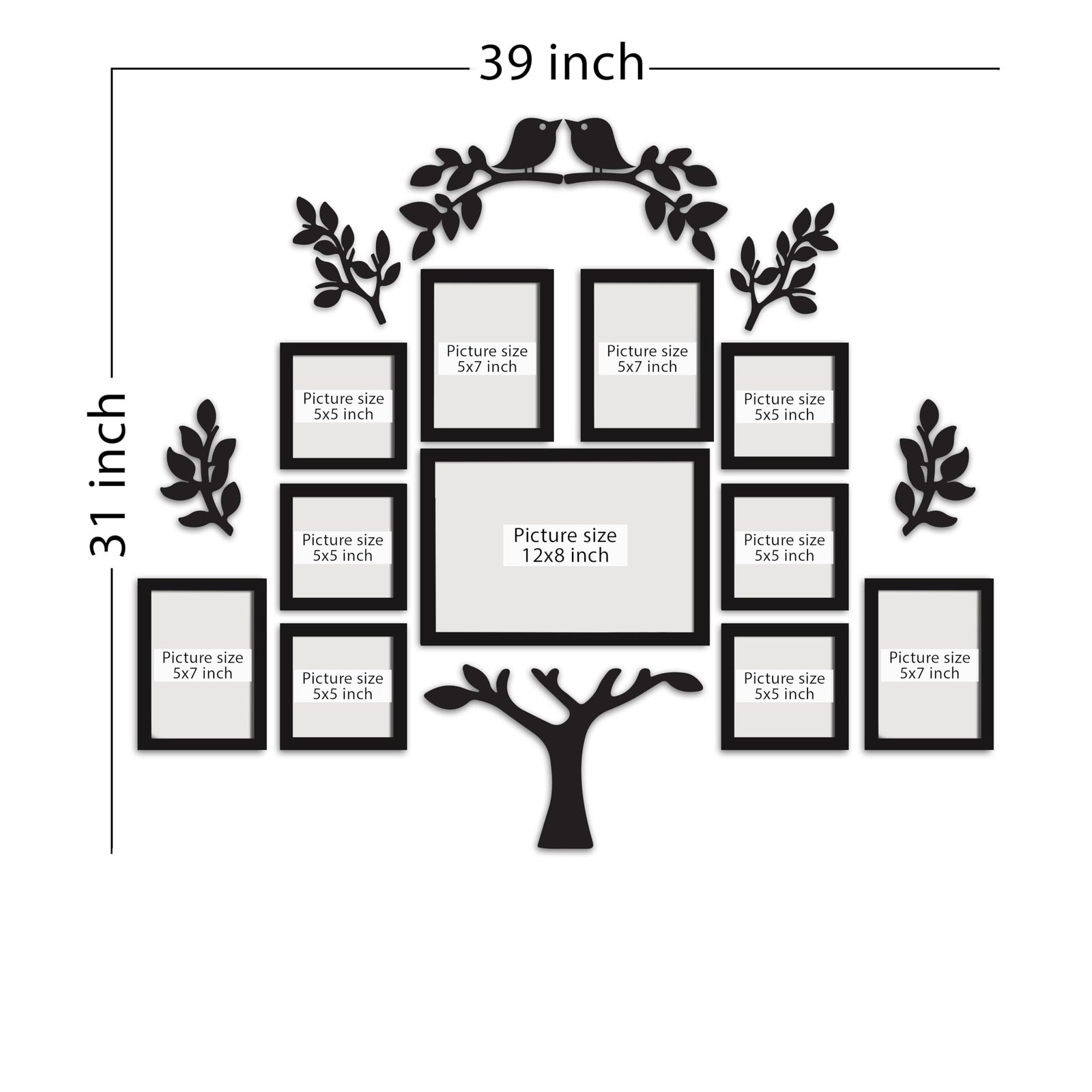 Art Street Family Tree Wall Photo Frame Set Pack of 11 with 9 MDF Cutouts for Home Decoration | Wall Photo Frame Collage for Living Room Bedroom | 5x5, 5x7, 8x12 Inch - Image 3