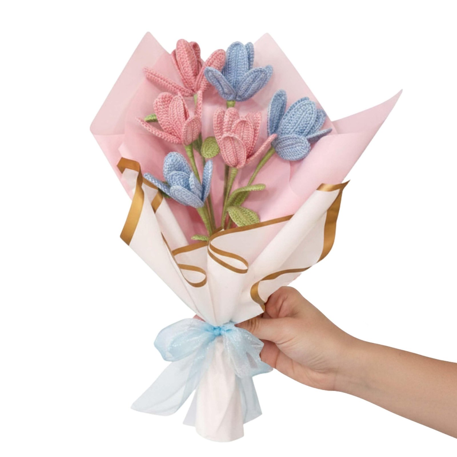 Happy Threads Open Tulip Crochet Flower Bouquet - Pink & Blue (6 Pcs) | Crochet Flower Bouquet Gift for Men & Women | Eco-Friendly Artificial Flowers for Decoration, Home & Office Decor