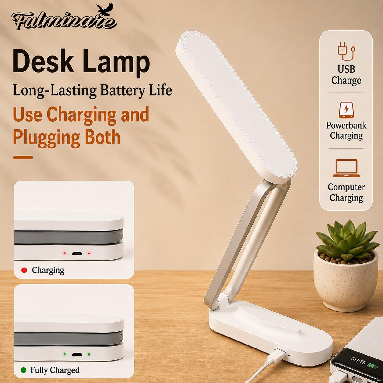 Fulminare Plastic LED Desk Lamp Dimmable Reading Table Lamp with USB Charging Port 3 Colour Mode,Touch Control Eye Caring, Desk for Study, Work (Pawn) - Image 6