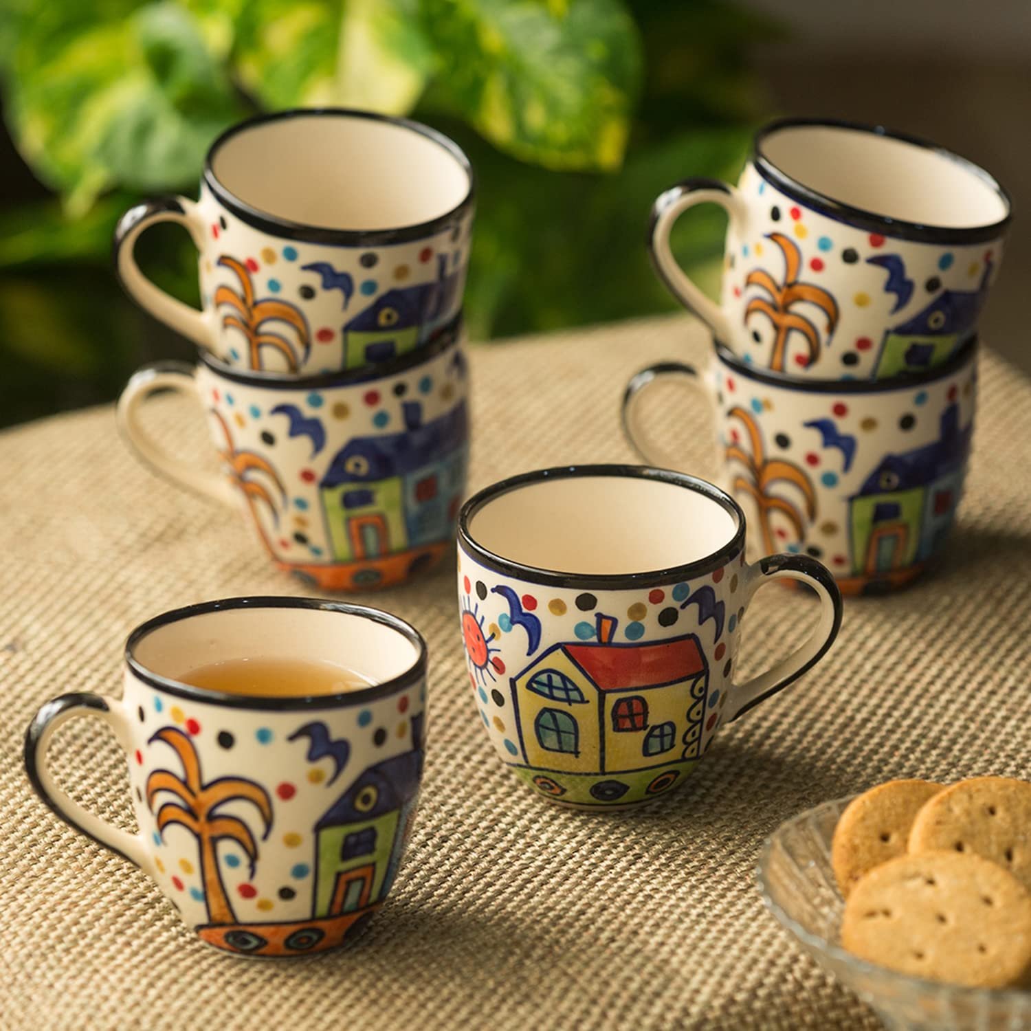 ExclusiveLane 'The Hut Morning Companions' Ceramic Tea Cups Set of 6 for Tea Cups Ceramic (180 ml, Dishwasher & Microwave Safe, Multicolor) |Coffee Cup Set Ceramic Cups Set of 6 Tea Cup Ceramic