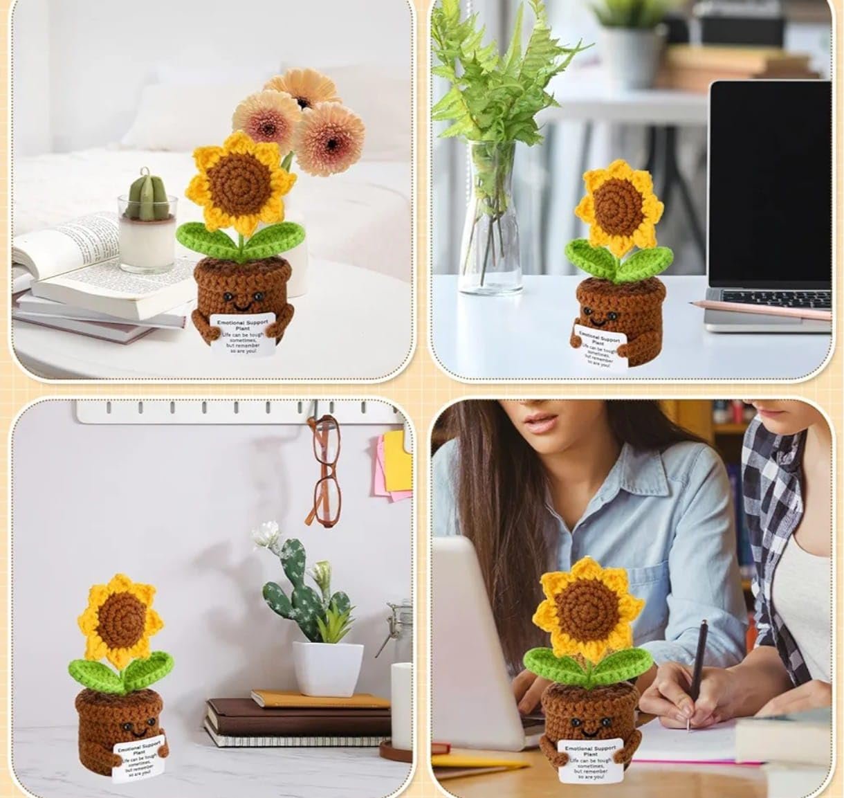VRB DecTM 1 Pcs Crochet Flowers Artificial Sunflower for Office Desk Car Dashboard Decor,Home Decoration, Office, Bedroom (Emotional Support Sunflower Artificial Plants with Crochet Pot - 1 Pcs) - Image 3