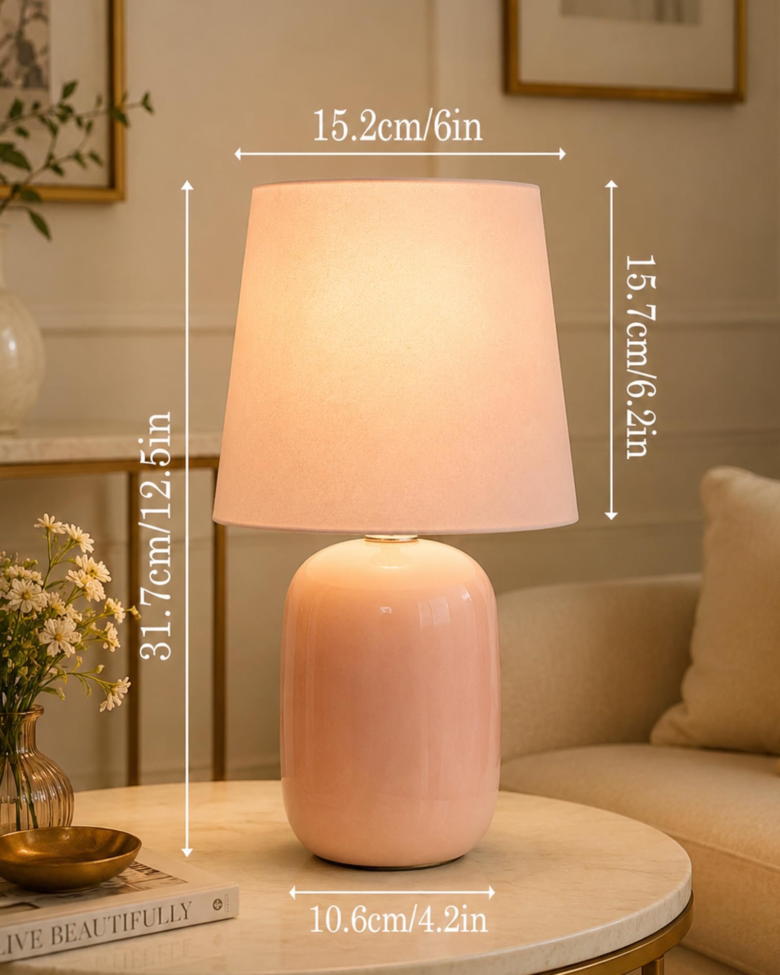 Homesake® Modern Small Ceramic Table Lamp, Classic Bedside Desk lamp for Living Room Bedroom, Farmhouse Nightstand Lamps with Pink Fabric Shade (Dovel Pink) - Image 6