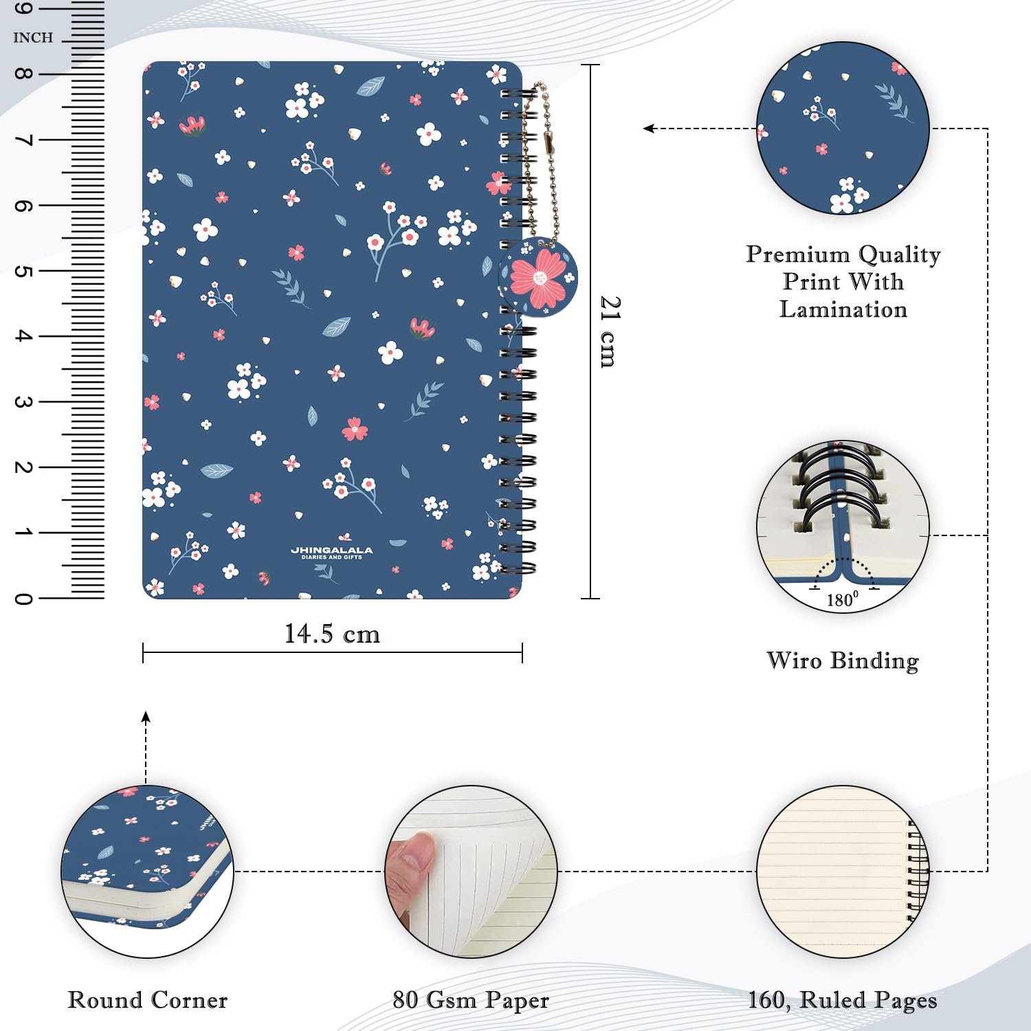 Jhingalala Diaries - A5 Hardbound Wiro Notebook Diary with Floral Theme Based Dangler I Spiral Notebook With Planner and Calendar 2024 I 160 Undated Ruled Pages - Image 5