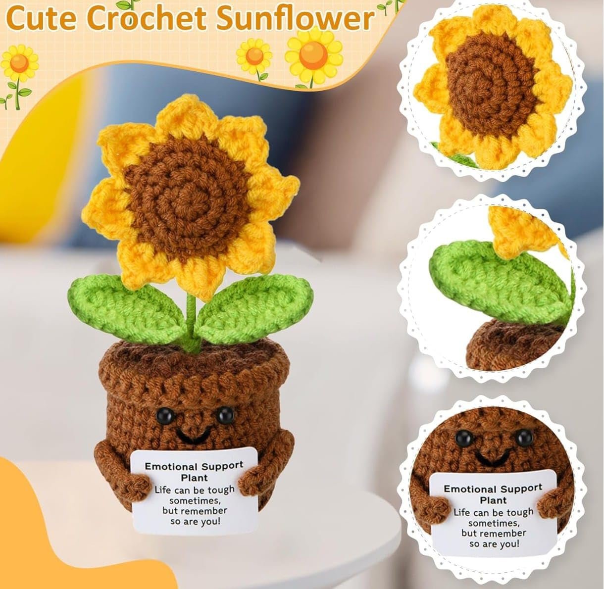 VRB DecTM 1 Pcs Crochet Flowers Artificial Sunflower for Office Desk Car Dashboard Decor,Home Decoration, Office, Bedroom (Emotional Support Sunflower Artificial Plants with Crochet Pot - 1 Pcs) - Image 5