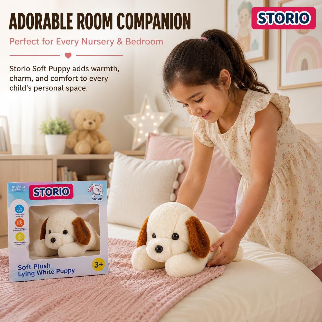 Storio Soft Plush Lying White Puppy Stuffed Animal | Kids Animal Home Decor for Boys & Girls Soft Dog Plush Toy - 25cm - Image 3