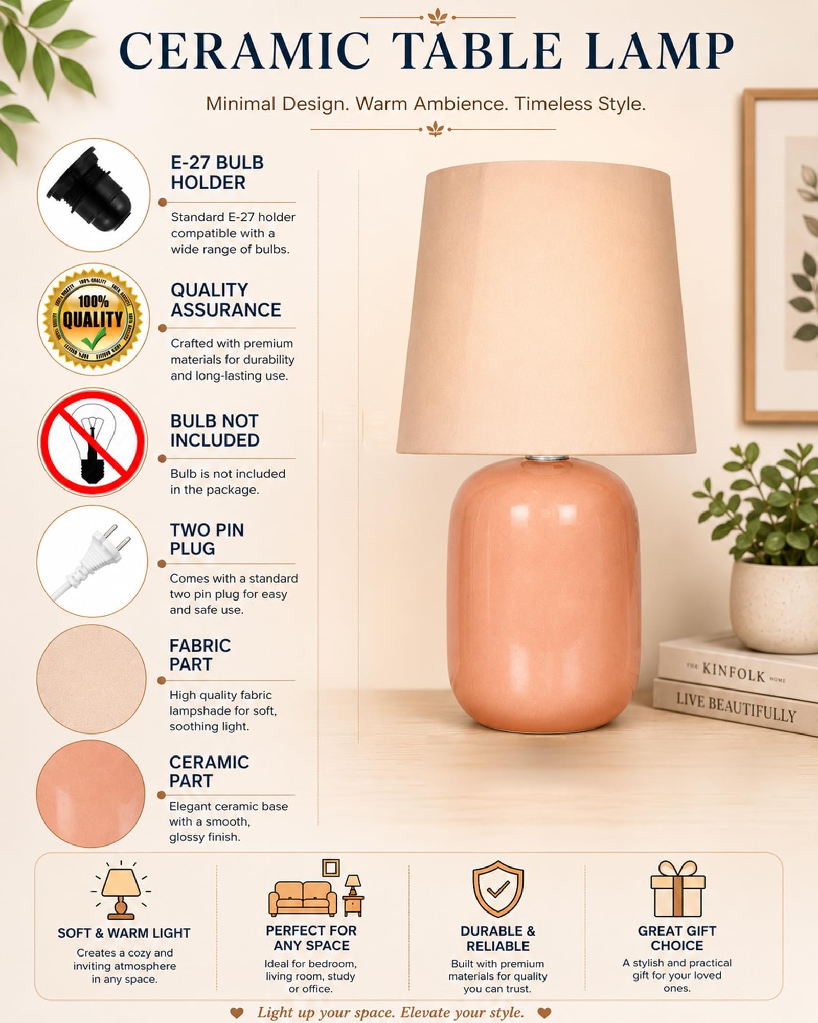 Homesake® Modern Small Ceramic Table Lamp, Classic Bedside Desk lamp for Living Room Bedroom, Farmhouse Nightstand Lamps with Pink Fabric Shade (Dovel Pink) - Image 5