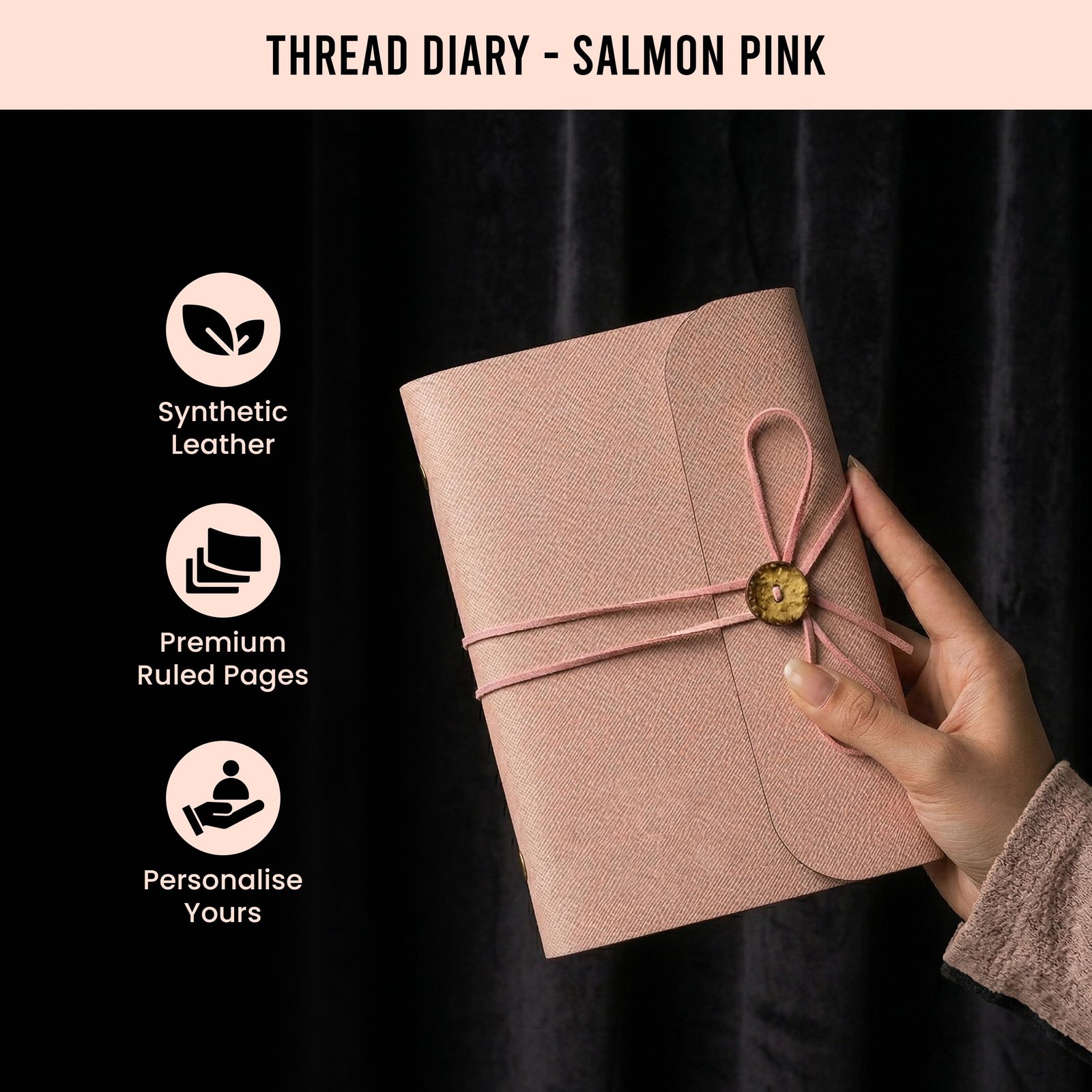 The Messy Corner Handcrafted Threaded Leather Diary | A Stylish A5 Travel Diary for Men and Women | Perfect for Birthday | 80 GSM, 140 Ruled Pages | Salmon Pink - Image 7