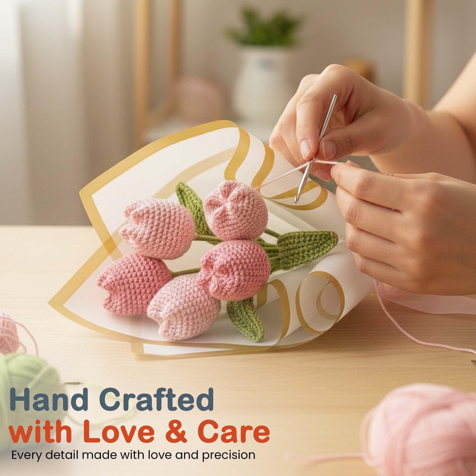 Happy Threads Charming Tulips Crochet Flower Bouquet (5 Pcs) - Rose Pink & Light Pink | Handmade Crochet Flower Bouquet Gift for Men & Women | Eco-Friendly Artificial Flowers for Home & Office Decor - Image 6