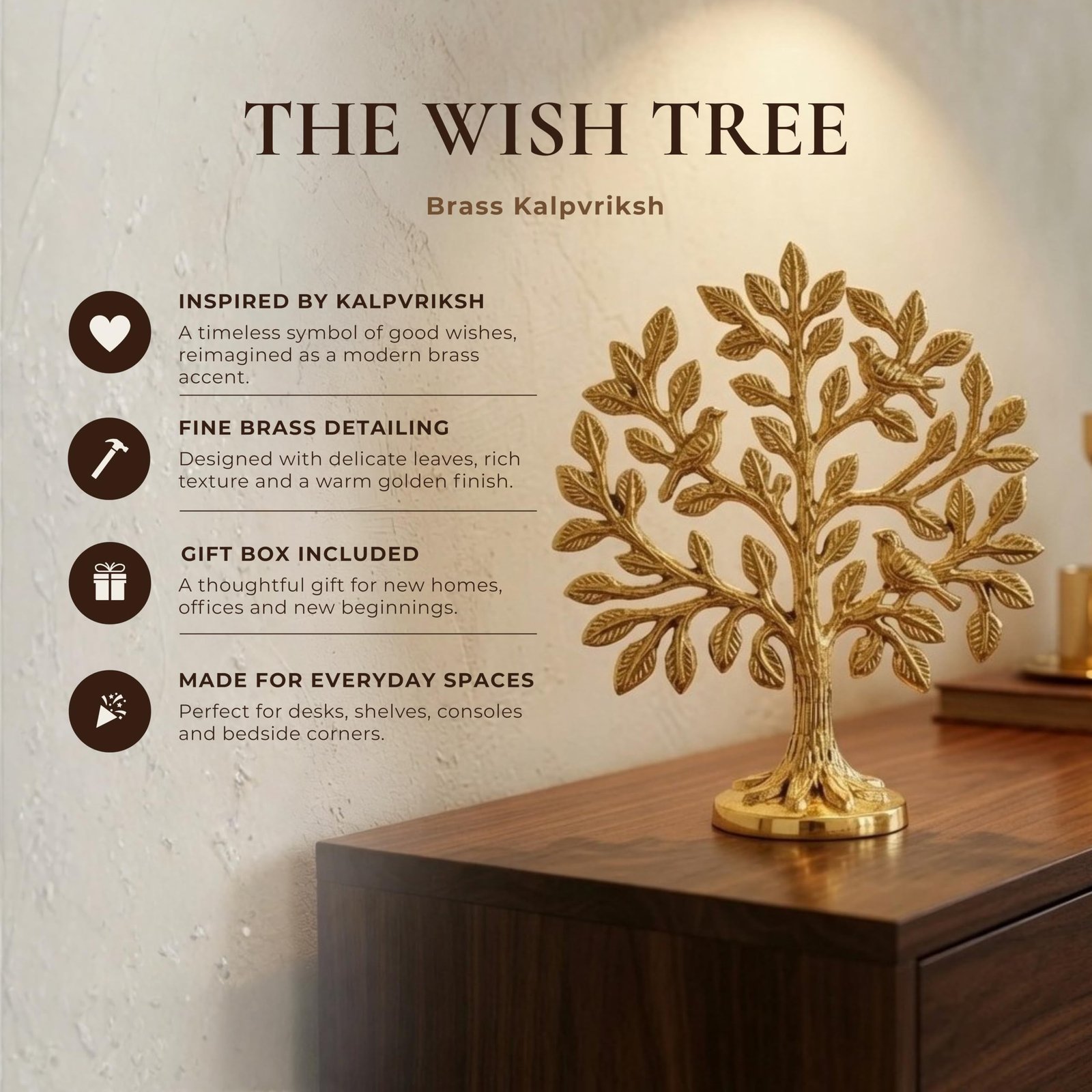 BEHOMA 100% Pure Brass (6 inch) Kalpvriksh Tree with Birds | Good Luck Gift - Image 3