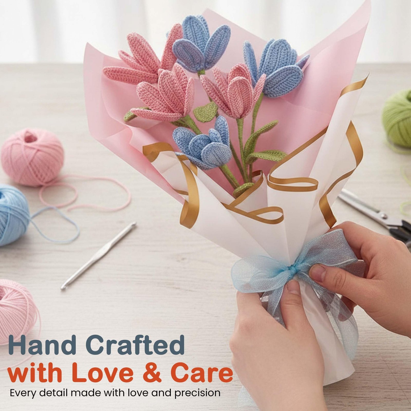 Happy Threads Open Tulip Crochet Flower Bouquet - Pink & Blue (6 Pcs) | Crochet Flower Bouquet Gift for Men & Women | Eco-Friendly Artificial Flowers for Decoration, Home & Office Decor - Image 3