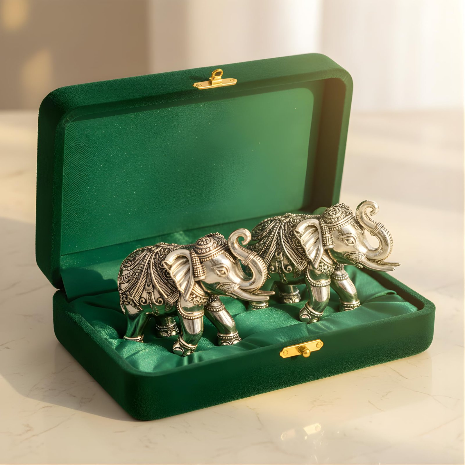 Dev Aastha 999 Pure Silver Plated Elephant Idol Pack of 2 | 2 Inch Vastu & Good Luck Showpiece for Home Decor, Mandir & Pooja Room | Auspicious Gifting Choice