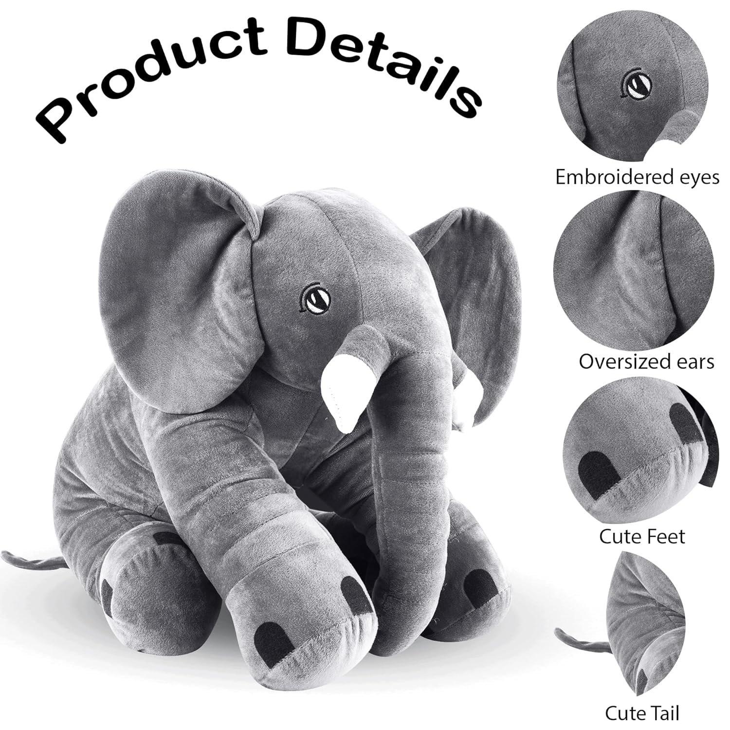TeddyTwist Elephant Soft Toy, Big Size Fibre Filled Stuffed Animal Plush Hugging Toy for Kids (60 cm) (Grey) - Image 4